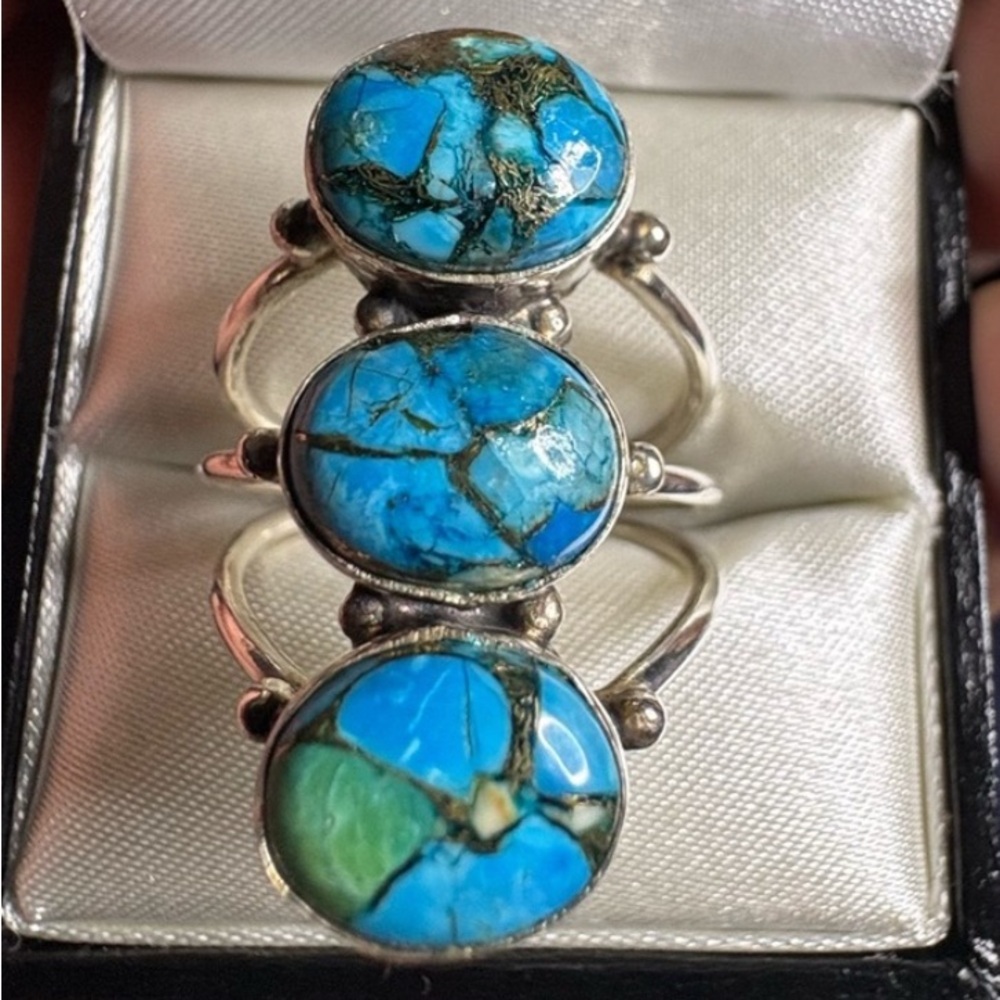😎🌺Ring*Peacock Dahlia Turquois with Triple Bands 925 Sterling Silver